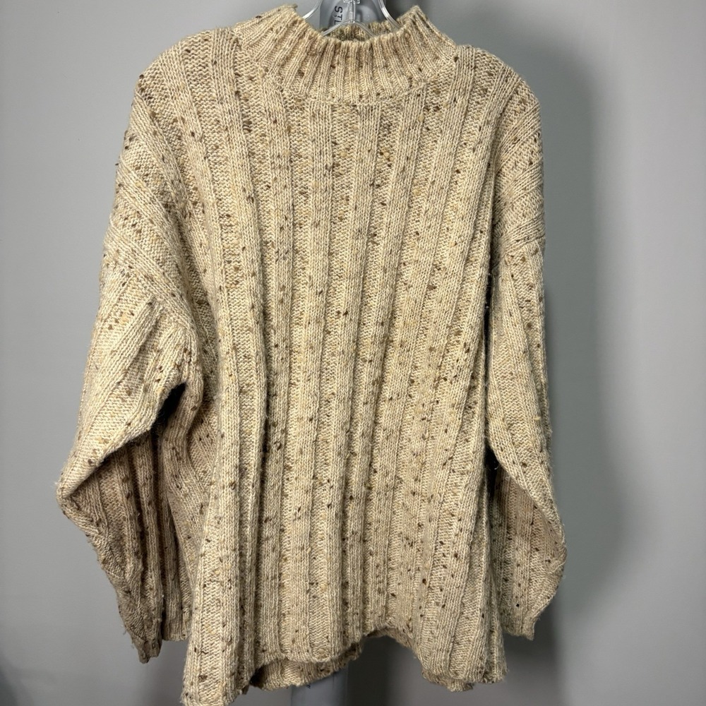 Vtg 90s Tweeds 100% Wool Ribbed Sweater Sz L Speckled Knit Grandpa Beige Chunky
